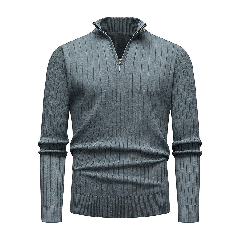 Men's Knitwear Half Zipped Stand Collar Striped Sweater