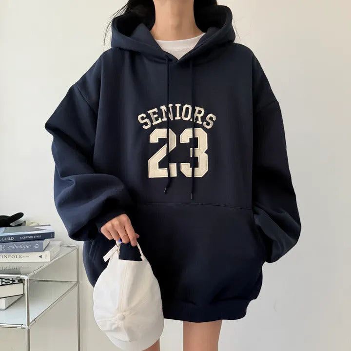 Hooded Embroidery Autumn And Winter Thin Velvet Padded Loose Lazy Style Sweatshirt