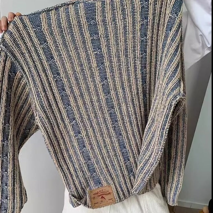 Retro Multi-colored Stripe Casual Trend Knitted Sweater Men's Design Round Neck Pullover