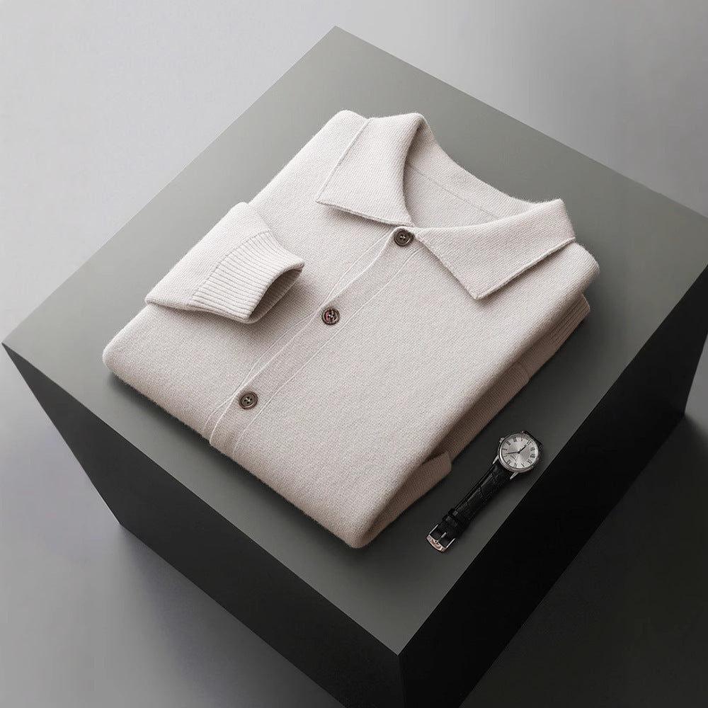 Polo Collar Solid Color Wool Cardigan Vintage Pocket Thick Men's Coat Cashmere Sweater