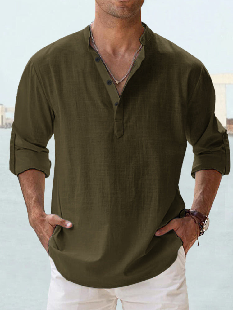 Men's Linen Stand-up Collar Long Sleeve T-shirt Loose Undershirt