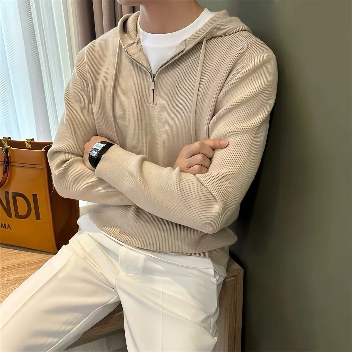 Solid Color Men's Half Zipper Hooded Sweater