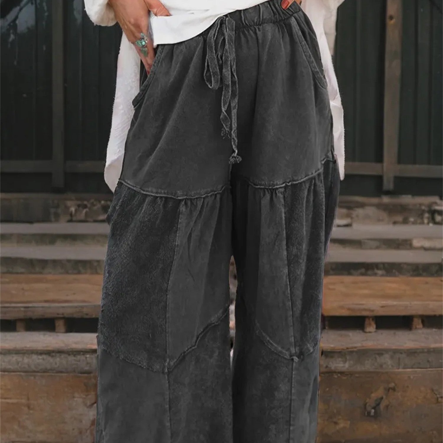 Black Mineral Wash Tiered Wide Leg Patchwork Drawstring Pants