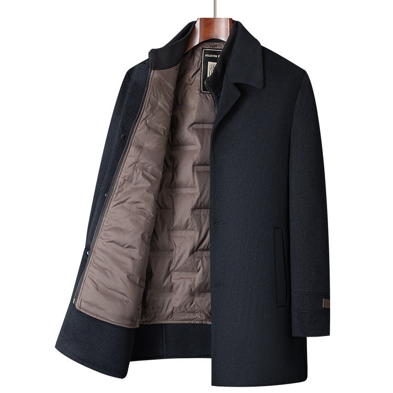 Men's Mid-Long Wool Double-Faced Overcoat With Detachable Down Inner Lining Windbreaker