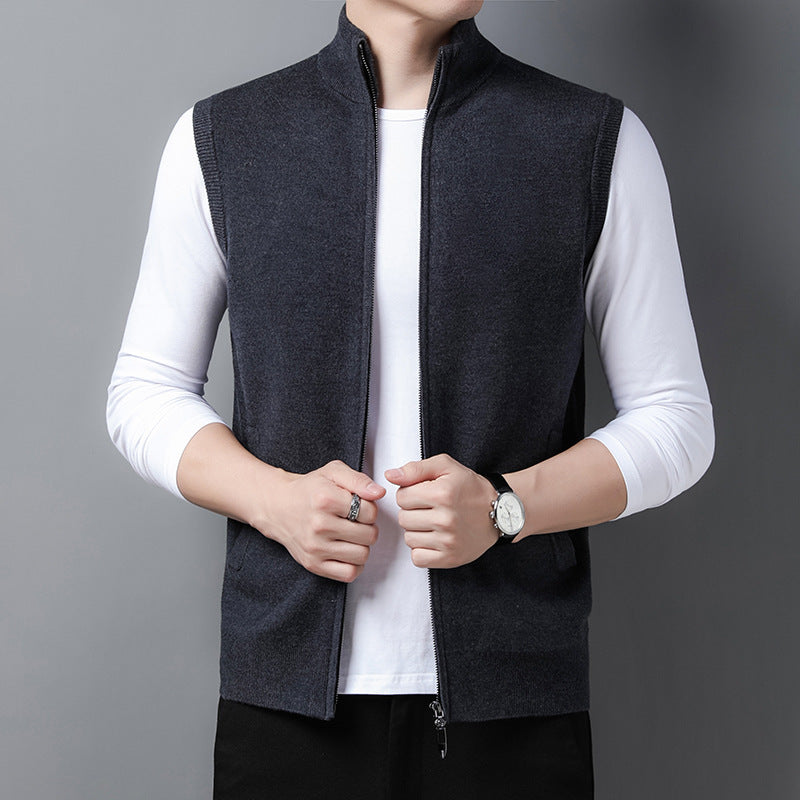 Pure Color Warm Keeping Zipper Knitted Men's Thickened Vest Coat