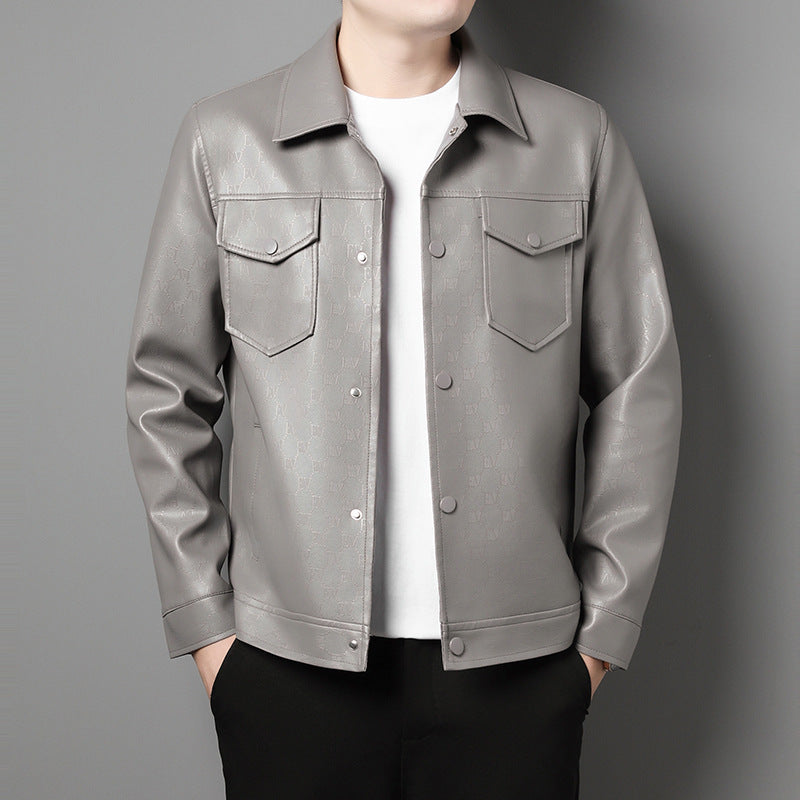 Men's Lapel Trend Lightweight Printed Leather Jacket