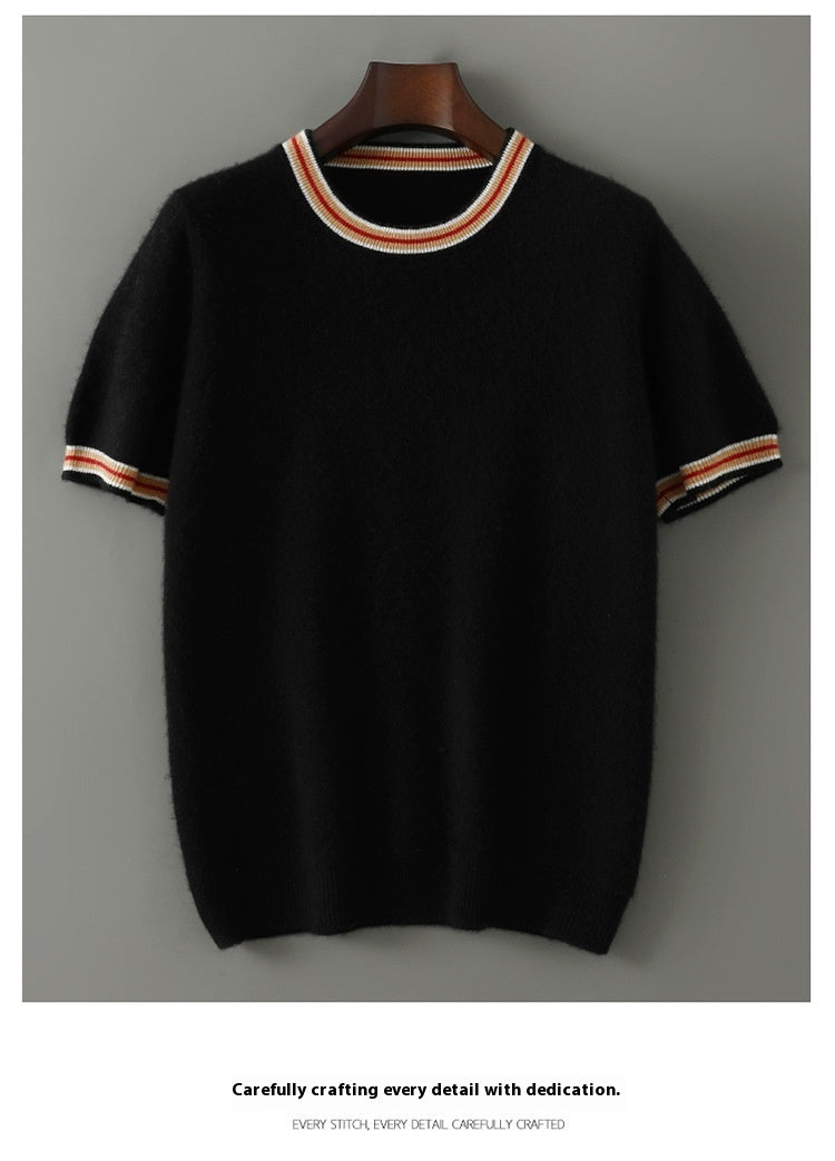 Round Neck Pure Wool Sweater Men's Short Sleeve Early