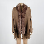 Autumn And Winter Fringed Cloak Shawl Fur Collar Solid Color Cardigan