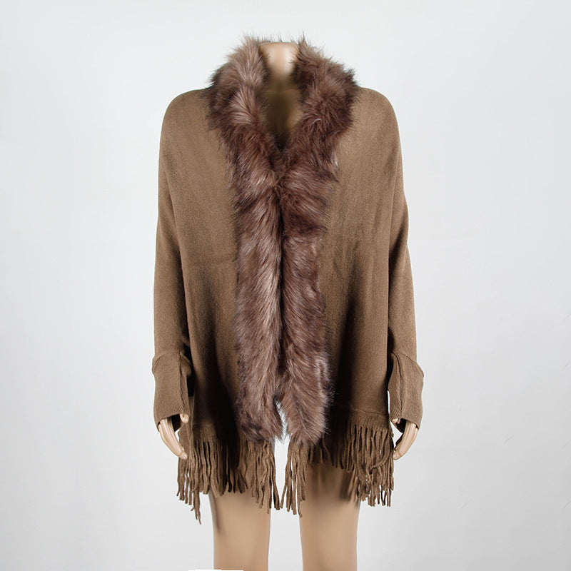 Autumn And Winter Fringed Cloak Shawl Fur Collar Solid Color Cardigan