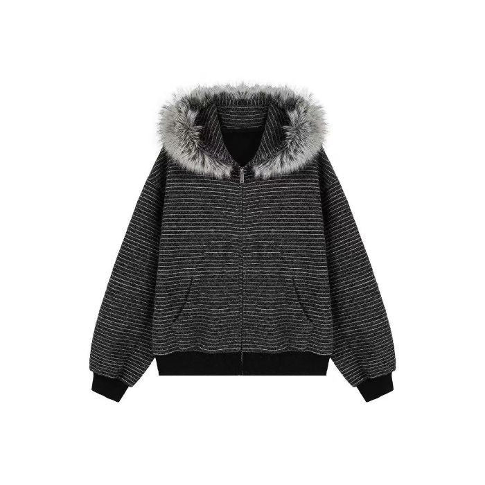 Vintage Fur Collar Couple Hooded Zipper Cardigan Sweater