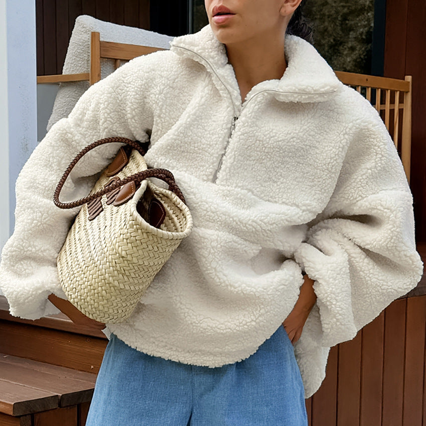 Stand Collar Beige Fleece Sweatshirt