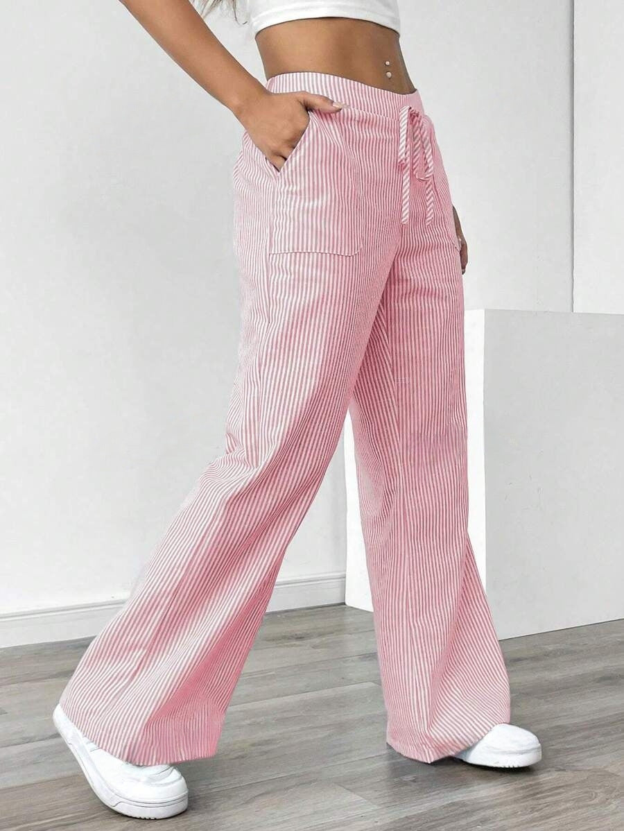 New Striped Trousers With Pockets Casual Versatile Loose Wide Leg Pants Women's Clothing