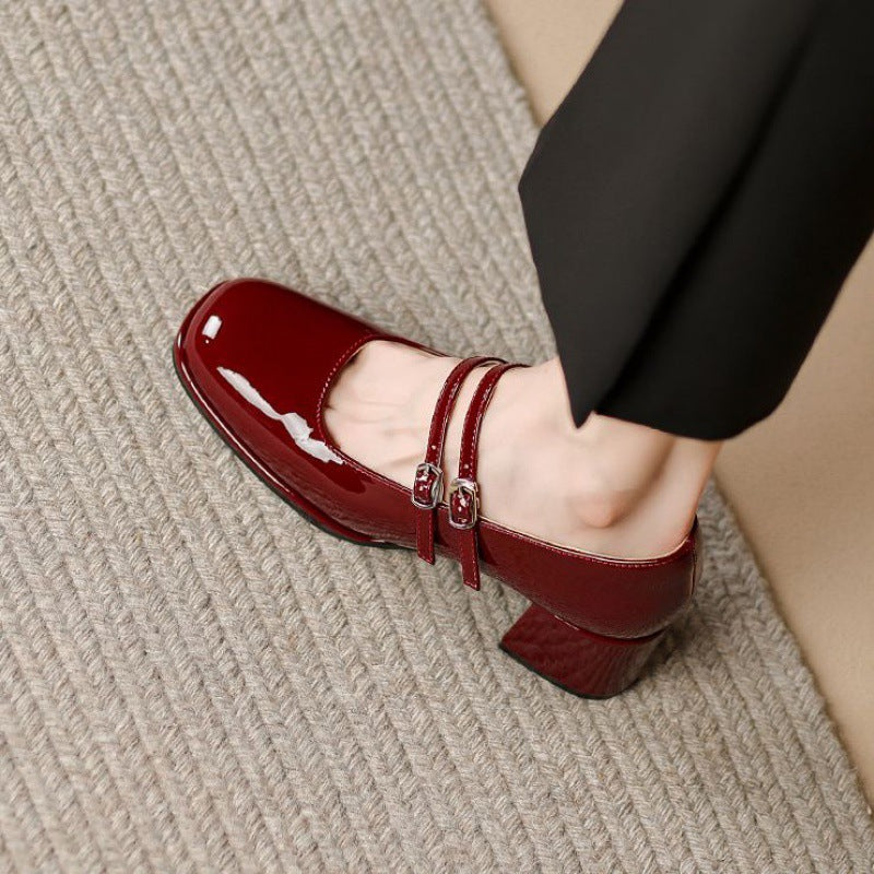 Soft Leather Shoes Women's Chunky Heel Low-cut High Heels