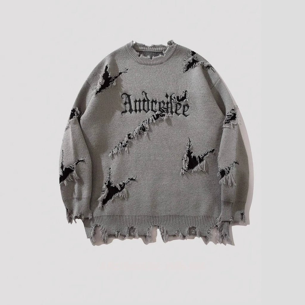 New Personality Street Jacquard Ripped Frayed Vintage Loose Sweater