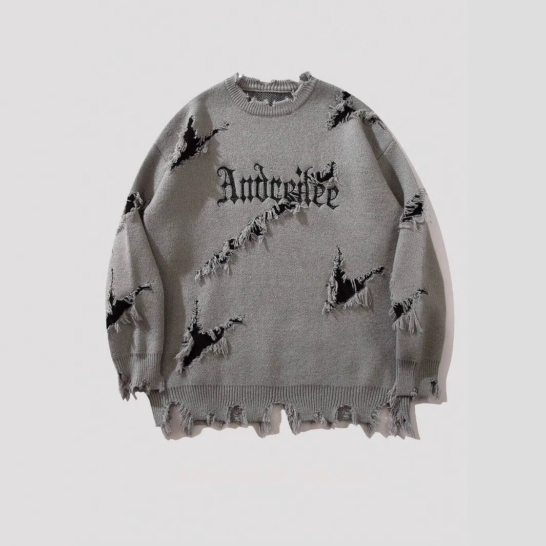New Personality Street Jacquard Ripped Frayed Vintage Loose Sweater