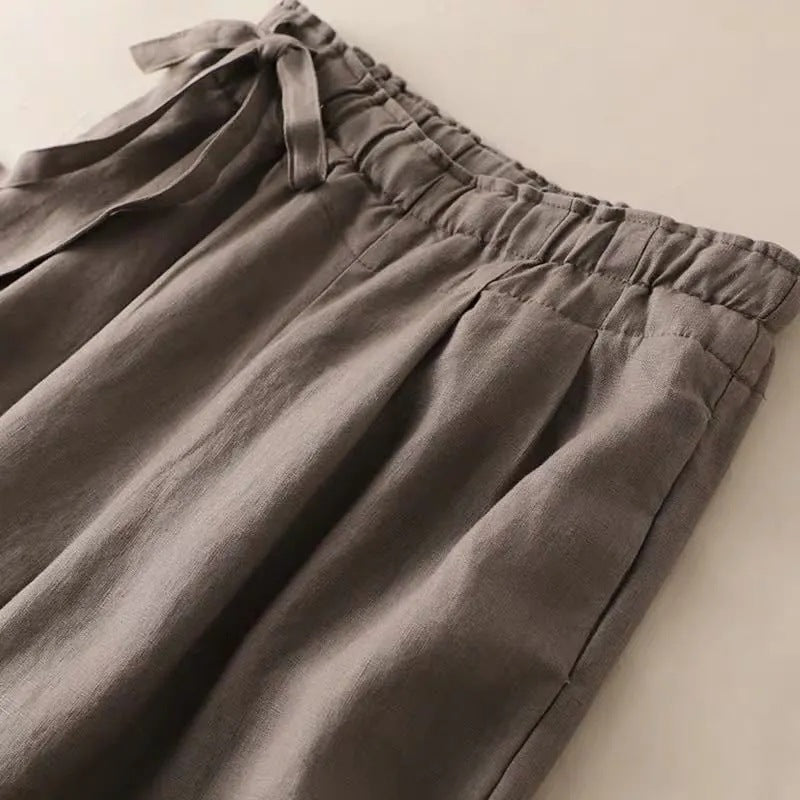 High Waist Side Lace-up Retro Art Elastic-waist Casual Pants For Women