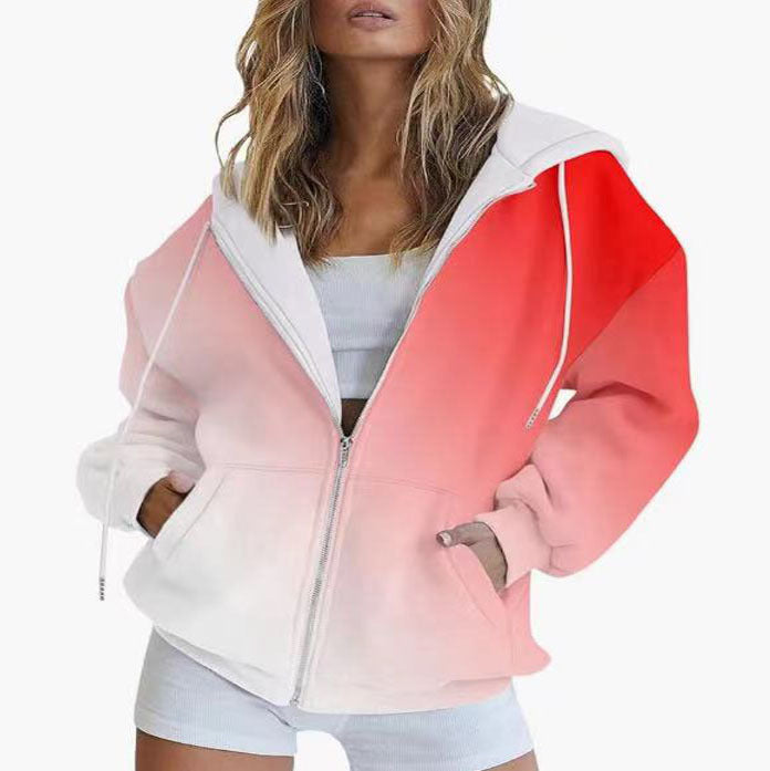 Gradient 3D Digital Printing Casual Long-sleeved Zipper Hooded Sweatshirt Sweater For Women