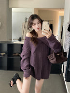 Lazy Style Shoulder-revealing Red Atmosphere Off-shoulder Sweater