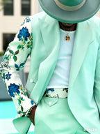 Mint Green Suit With Floral Print Sleeve And Double-Breasted Design