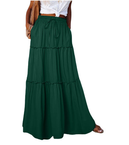 Women's Layered High Waist Elastic Lace-up Skirt With Wooden Ears
