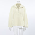 Stand Collar Beige Fleece Sweatshirt