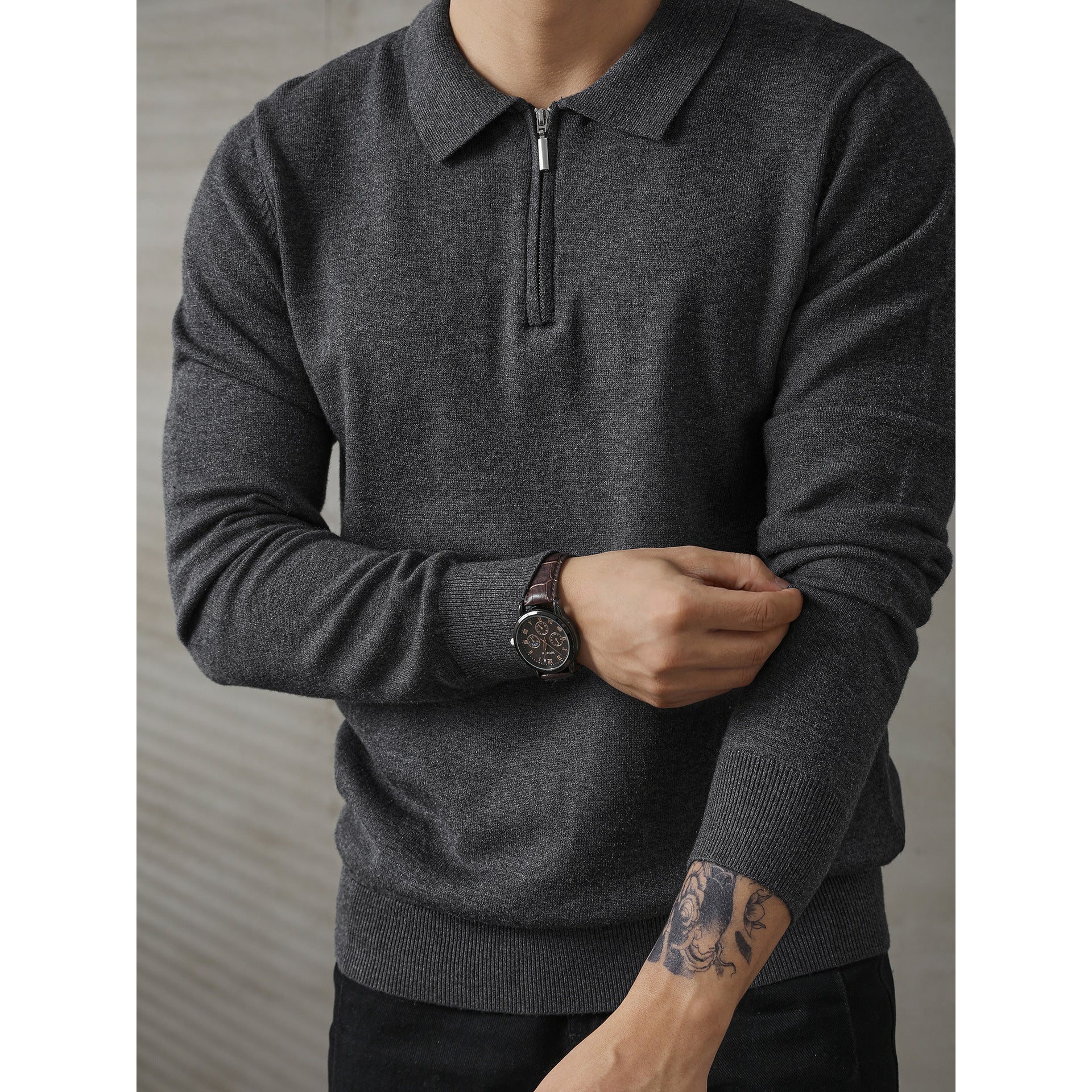 Half-height Zip Knitted Long-sleeved Polo Shirt Sweater For Men
