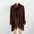 Autumn And Winter Fringed Cloak Shawl Fur Collar Solid Color Cardigan