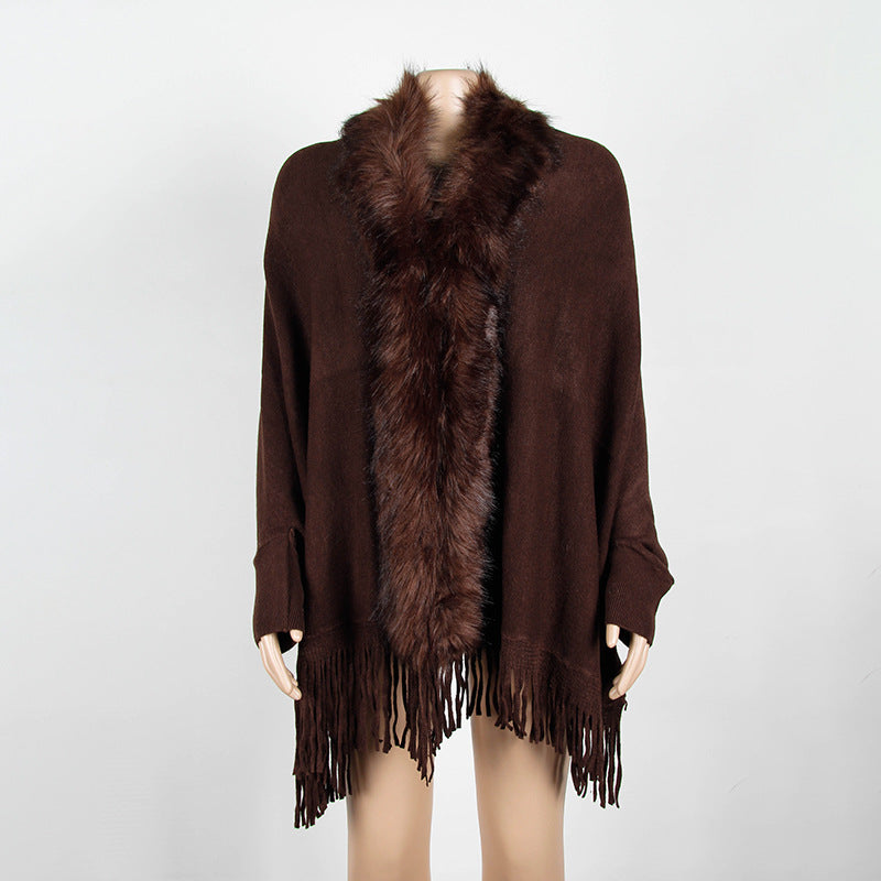 Autumn And Winter Fringed Cloak Shawl Fur Collar Solid Color Cardigan