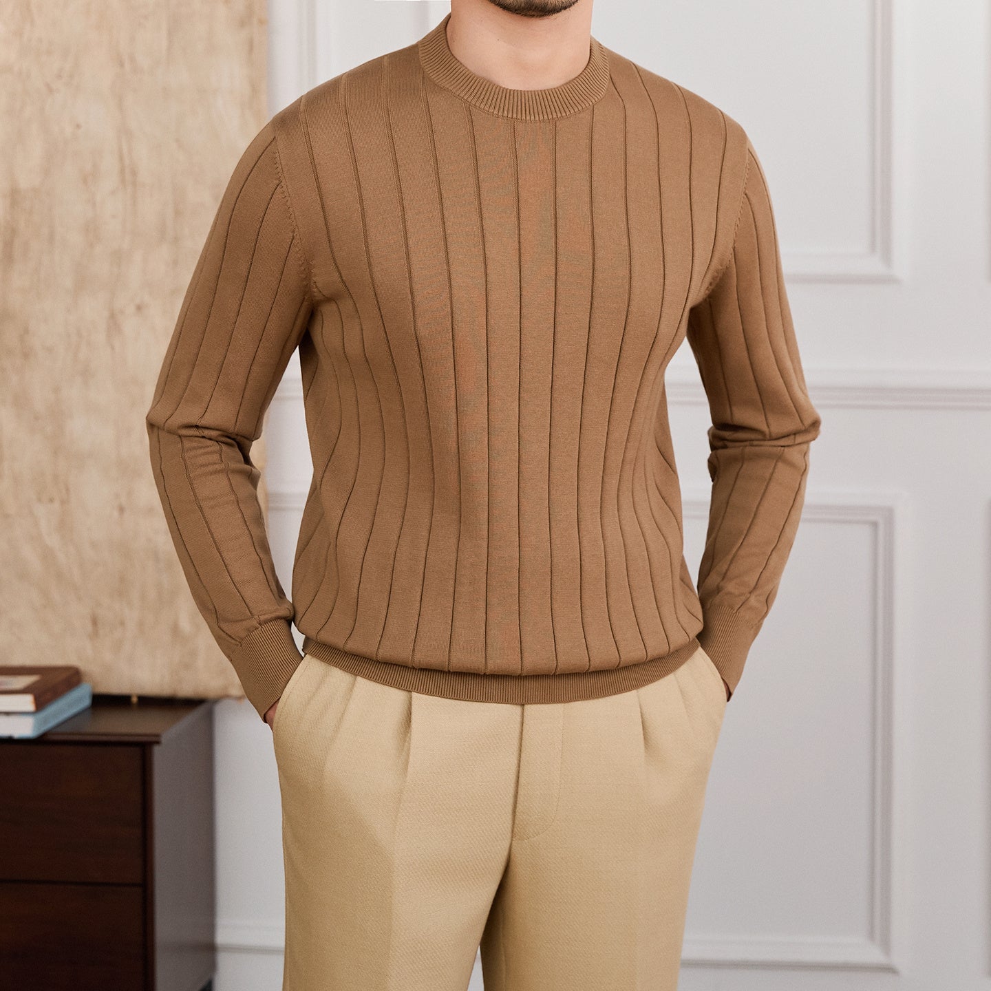 Solid Color Knitted Cotton Breathable Round Neck Long Sleeve T-shirt