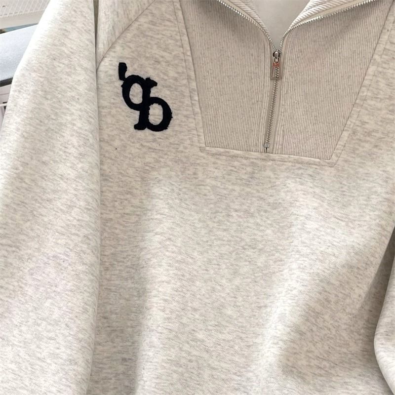 Loose American Vintage Gray Lapel Sweatshirt For Petite