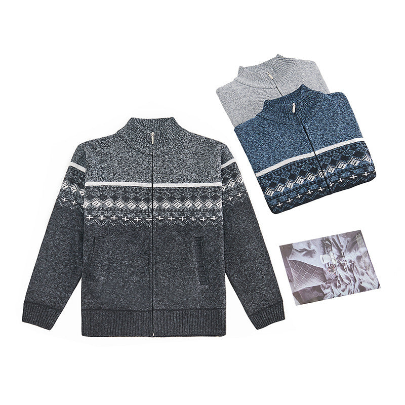 Velvet Thickening Sweater Men's Stand Collar Assorted Colors Retro Jacquard Knitted Cardigan