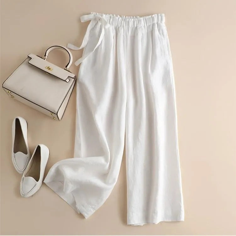 High Waist Side Lace-up Retro Art Elastic-waist Casual Pants For Women