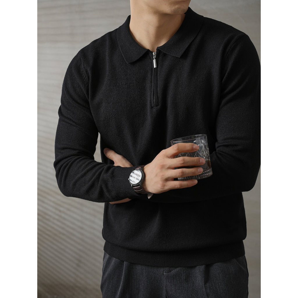 Half-height Zip Knitted Long-sleeved Polo Shirt Sweater For Men