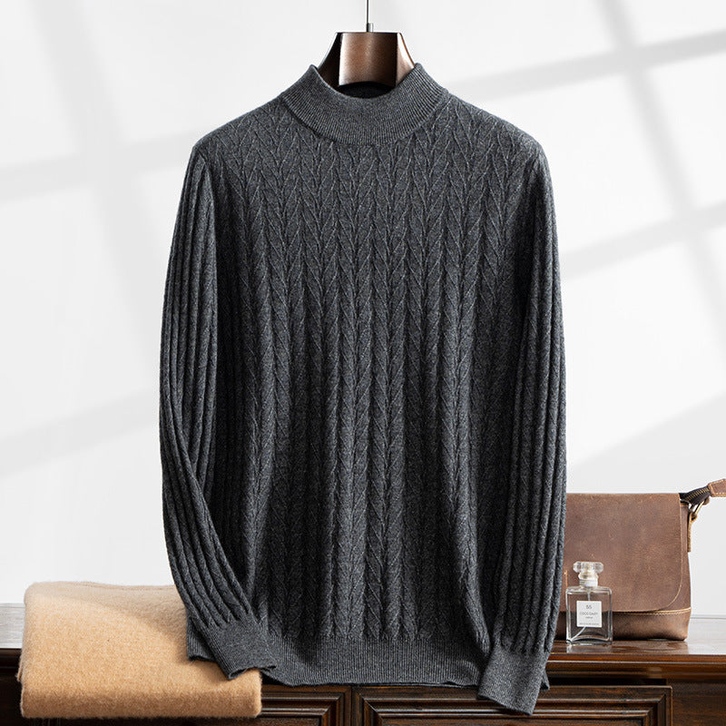 Thickened Wheat Jacquard Cashmere Sweater Men's Half-high Collar Solid Color Sweater