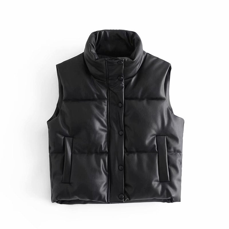 Black Cotton Vest With Sleeveless Stand-up Collar And Side Pockets