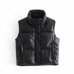 Black Cotton Vest With Sleeveless Stand-up Collar And Side Pockets