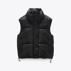 Black Cotton Vest With Sleeveless Stand-up Collar And Side Pockets
