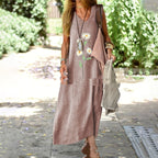 Large Design Cotton And Linen Retro Printed V-neck Dress