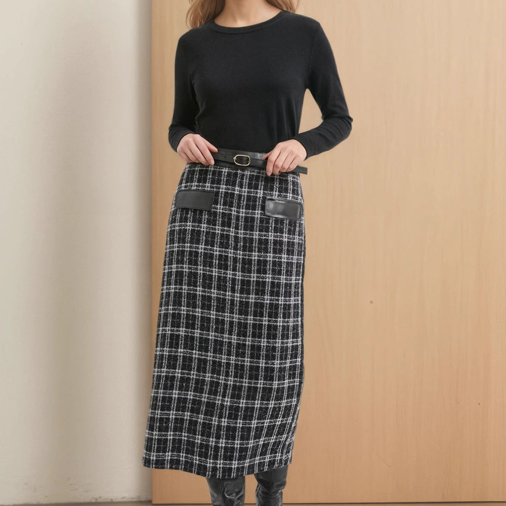New High-waist Fashionable Retro Plaid Patchwork Knitted Skirt