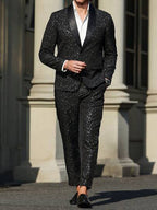 Men's Shimmering Black Suit Adorned With Glittering White Sequins