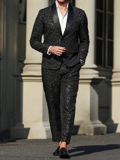 Men's Shimmering Black Suit Adorned With Glittering White Sequins