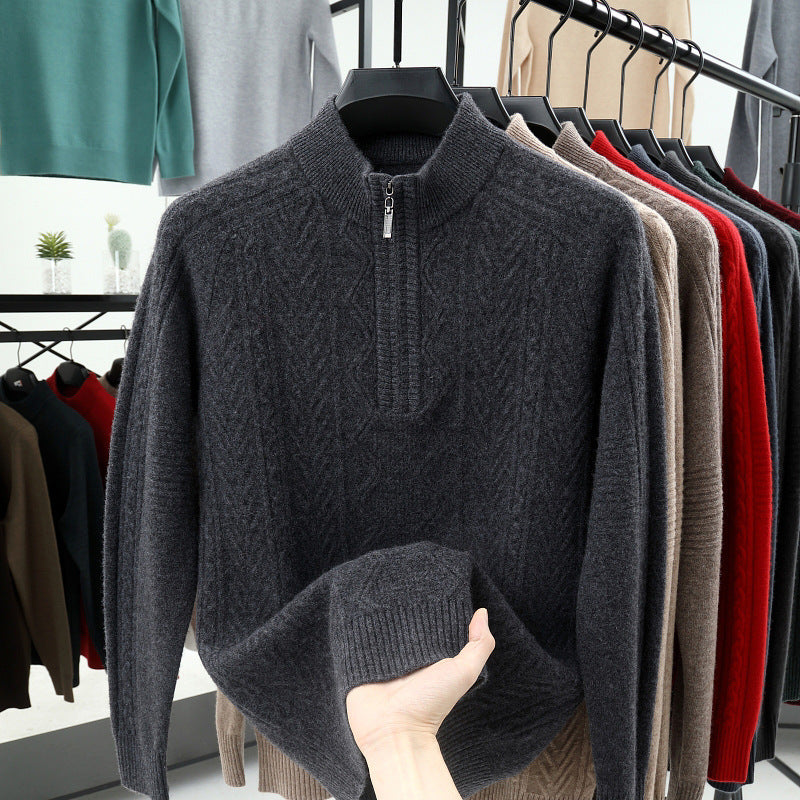 All Wool Men's Sweater Half Turtleneck Zipper Sweater