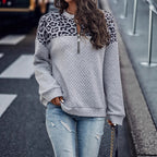 Leopard Print Stitching Zipper Sweatshirt Women's Hot Sale Casual Warm Pullover Long Sleeve Top