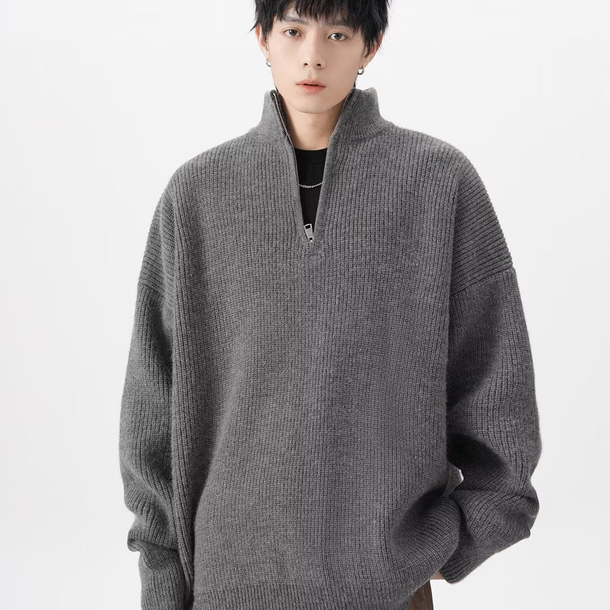 American-style Half Zipper Destroyed Sweater Men's Autumn And Winter Loose Lazy Style