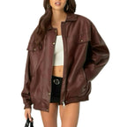 Women's Leather Jacket Loose Long Sleeve Lapel Motorcycle Jacket