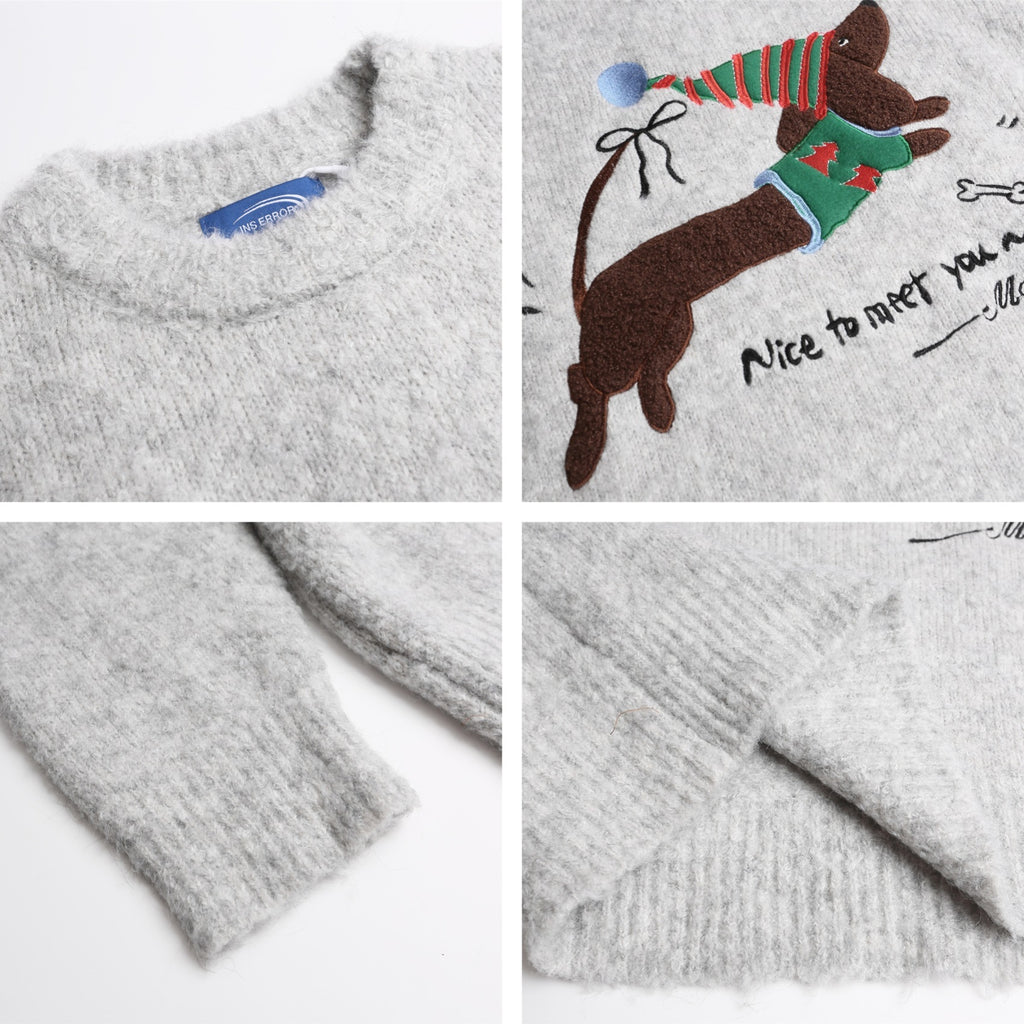 American Retro Christmas Hat Puppy Embroidery Design Casual Round Neck Sweater