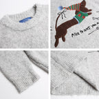 American Retro Christmas Hat Puppy Embroidery Design Casual Round Neck Sweater