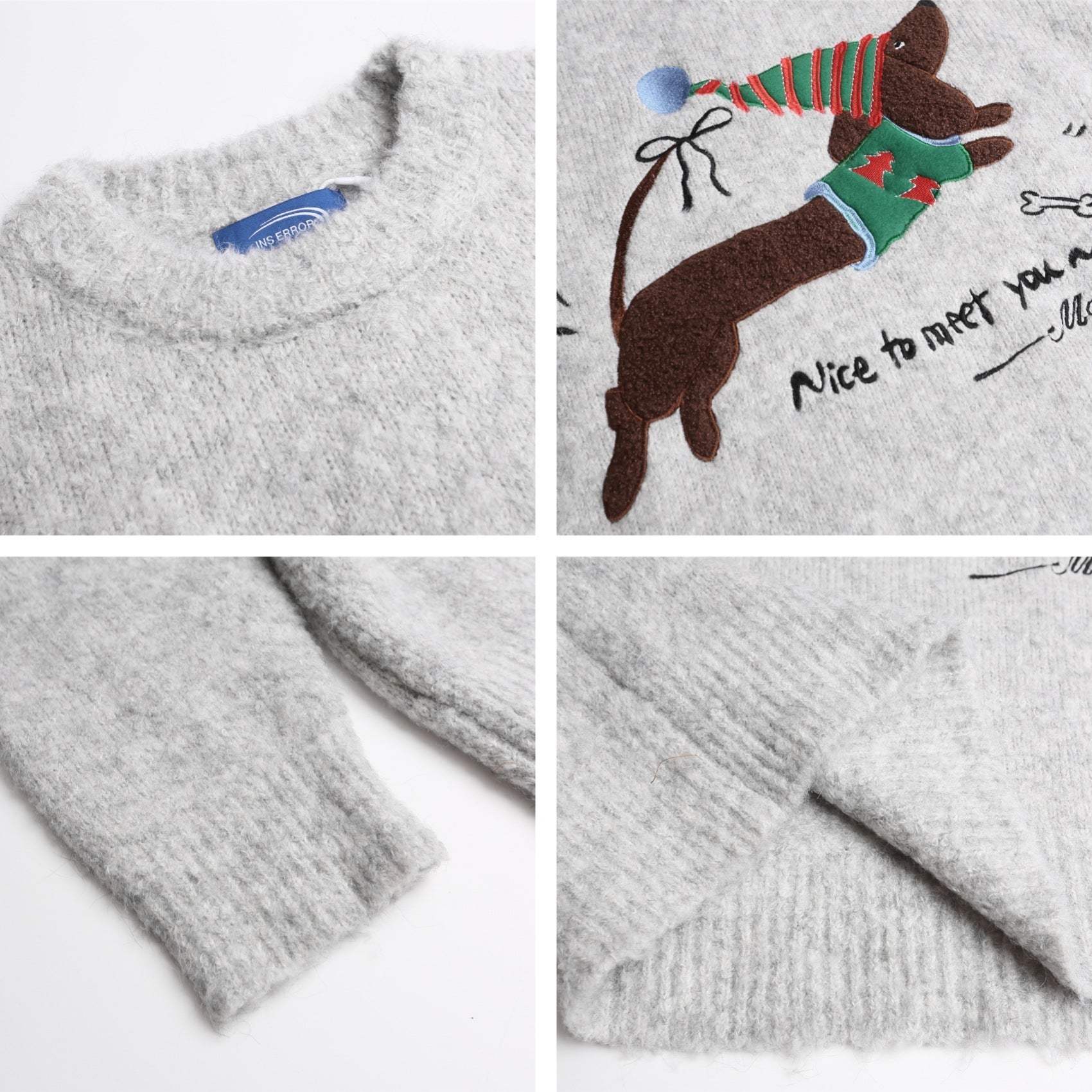 American Retro Christmas Hat Puppy Embroidery Design Casual Round Neck Sweater