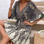 Paisley Print Batwing Sleeve Tassel Tie Front Ruffle Hem Dress