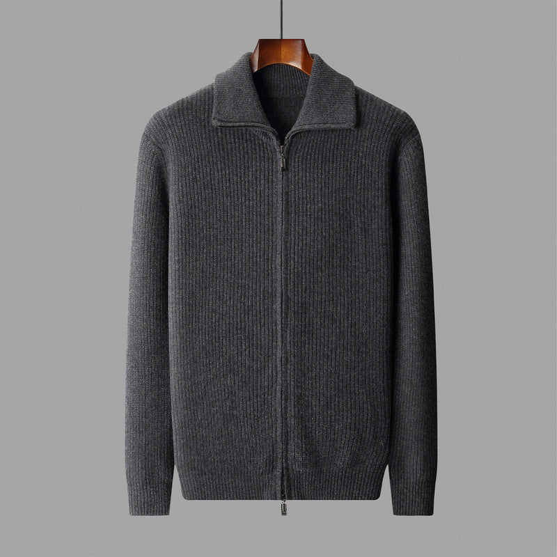 New Pure Wool Zipper Cardigan Fall Winter Men Lapel Shirt Coat